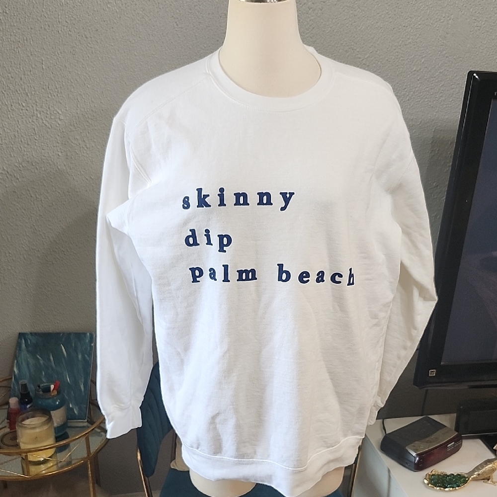 Comfort Colors White Sweatshirt with Blue Text "Skinny Dip Palm Beach"